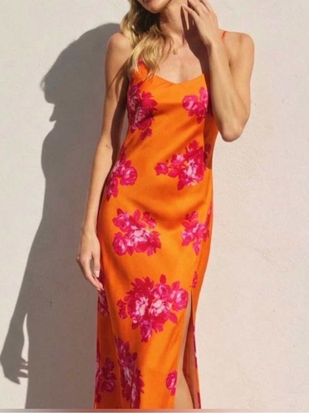Scoop NYC Orange Maxi Slip Dress with Pink Floral Print